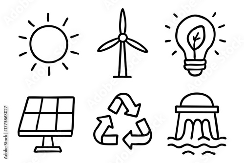 Renewable energy doodle icon set - Sustainable and eco-friendlypower solutions. Vector stock