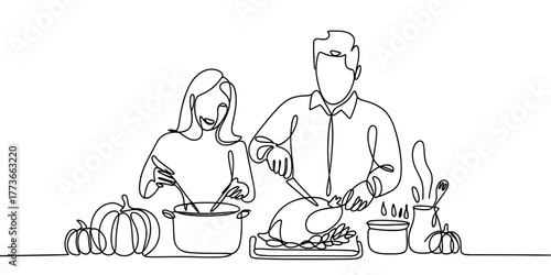 a couple preparing a festive meal together, featuring cooking, teamwork, thanksgiving dinner, and kitchen celebration.