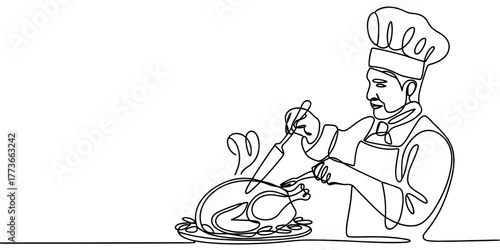 a professional chef carving a roasted turkey, representing cooking, culinary skill, holiday meal, and kitchen work.