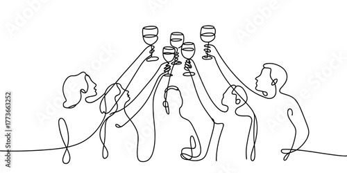 a group of friends raising wine glasses in celebration, symbolizing unity, friendship, joy, and festive gatherings.