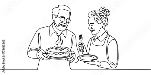 an elderly couple enjoying a freshly baked pie together, symbolizing family, love, warmth, and homemade food moments.