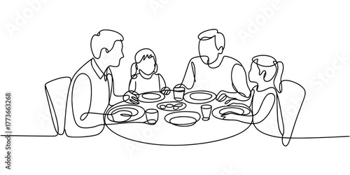 a family enjoying a meal together at the dinner table, symbolizing unity, love, communication, and family life.