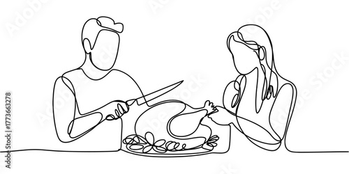 a couple preparing and carving a roasted turkey together, symbolizing teamwork, holiday cooking, thanksgiving, and family celebration.