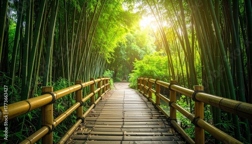 Wooden bridge through a bamboo forest pathway