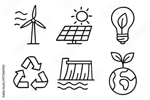 Renewable energy doodle icon set - Sustainable and eco-friendlypower solutions. Vector stock
