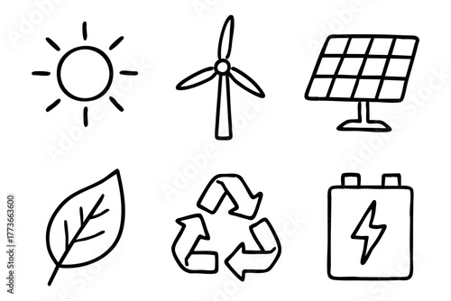 Renewable energy doodle icon set - Sustainable and eco-friendlypower solutions. Vector stock