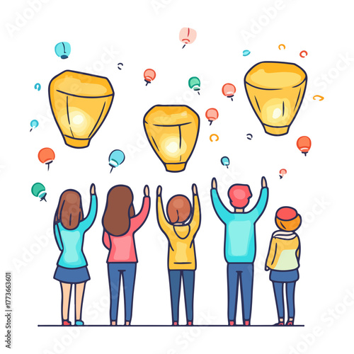 People are admiring sky lantern, Asia, festival, Lantern Festival, transparent background, vector