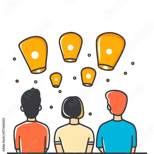 People are admiring sky lantern, Asia, festival, Lantern Festival, transparent background, vector