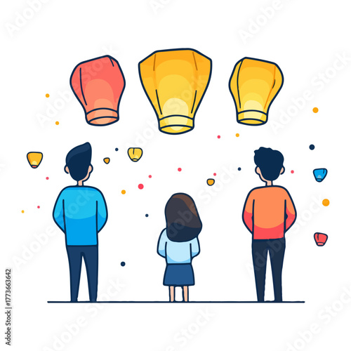 People are admiring sky lantern, Asia, festival, Lantern Festival, transparent background, vector