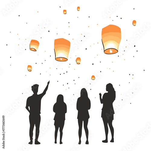 People are admiring sky lantern, Asia, festival, Lantern Festival, transparent background, vector