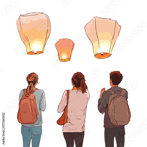 People are admiring sky lantern, Asia, festival, Lantern Festival, transparent background, vector