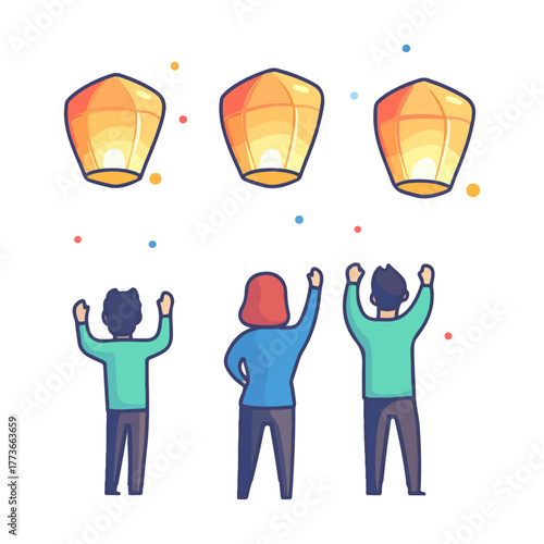 People are admiring sky lantern, Asia, festival, Lantern Festival, transparent background, vector