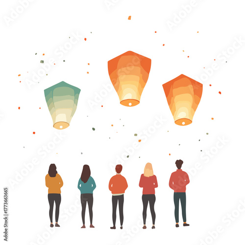 People are admiring sky lantern, Asia, festival, Lantern Festival, transparent background, vector
