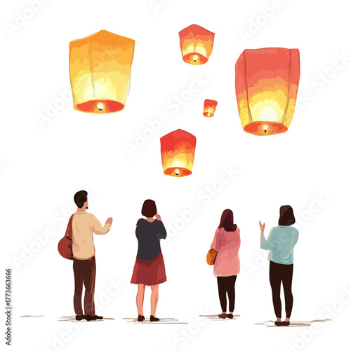 People are admiring sky lantern, Asia, festival, Lantern Festival, transparent background, vector