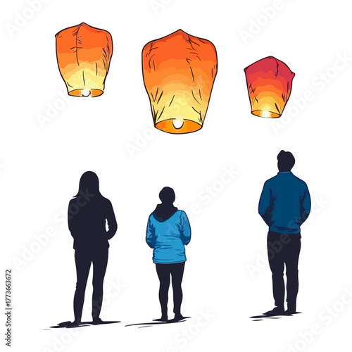 People are admiring sky lantern, Asia, festival, Lantern Festival, transparent background, vector