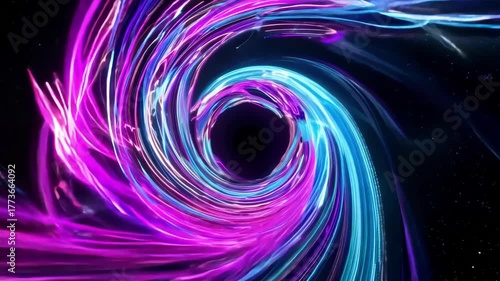 Vibrant neon vortex of purple and blue light twists dynamically forming swirling tunnel of motion creating energetic abstract cosmic flow animation