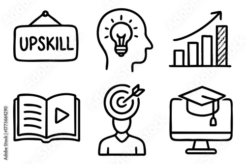 Upskill doodle icon set - personal development and career growth concepts. Vector stock.