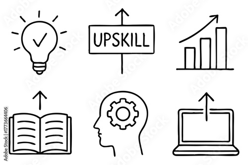 Upskill doodle icon set - personal development and career growth concepts. Vector stock.