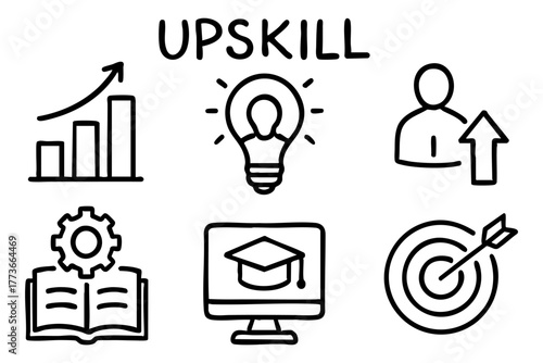 Upskill doodle icon set - personal development and career growth concepts. Vector stock.