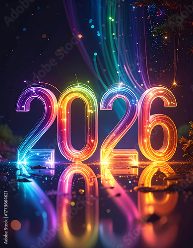 Vibrant, glowing numerals of the year 2026 illuminated with a spectrum of rainbow colors, reflecting on a dark, sparkling surface with streaks of light and b...