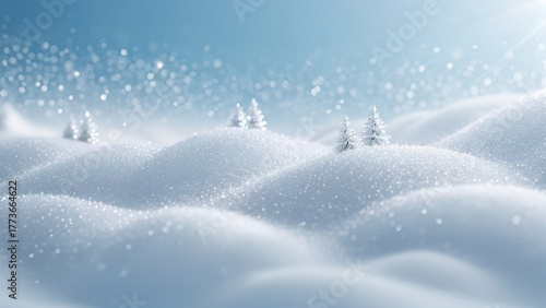 Minimalist sparkling snow drift landscape background: pure white and light blue texture for winter holiday events, Christmas card design, and product placement