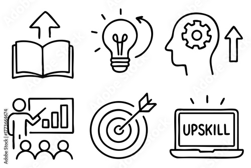 Upskill doodle icon set - personal development and career growth concepts. Vector stock.