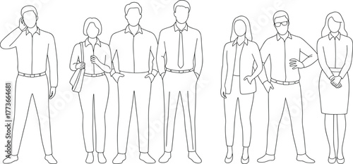 Business professional silhouettes, diverse team vector illustration, corporate people standing poses, office attire, teamwork concept, modern workplace, minimalist black graphic