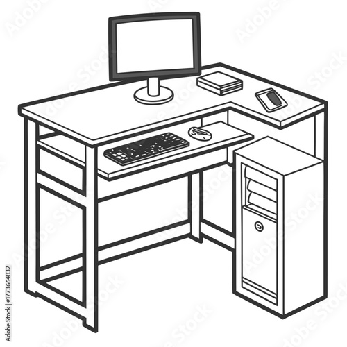 A simple flat vector illustration of a corner computer table, ideal for maximizing space in a small home office or study area.