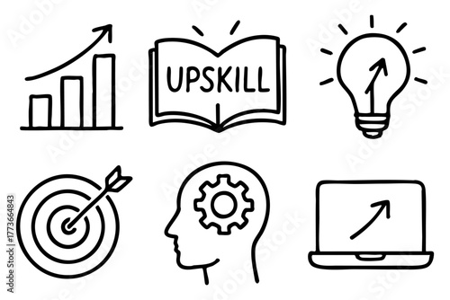 Upskill doodle icon set - personal development and career growth concepts. Vector stock.