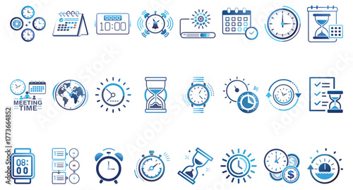Time and clock icons isolated on white background concept of schedule, deadline, appointment, and time management hourglass, alarm clock, calendar, and watch symbols