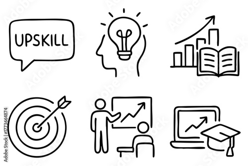 Upskill doodle icon set - personal development and career growth concepts. Vector stock.