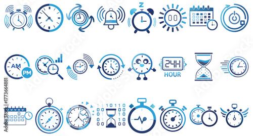 Clock and time icons isolated on white background concept of schedule, deadline, appointment, and time management hourglass, alarm clock, calendar, and watch symbols