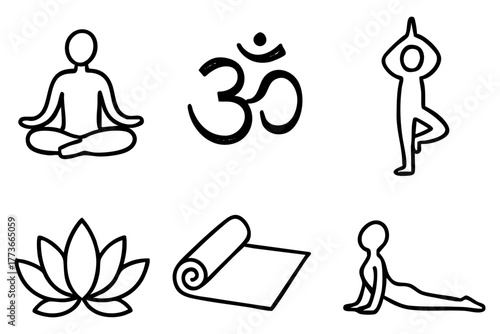 Yoga doodle icon set - meditation, wellness, and healthy lifestyle symbols. Vector stock