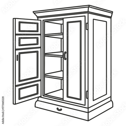 A simple flat vector illustration of an open cabinet with visible shelves, perfect for display and storage in various home settings.