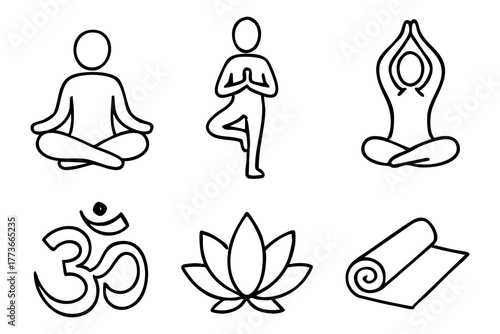 Yoga doodle icon set - meditation, wellness, and healthy lifestyle symbols. Vector stock