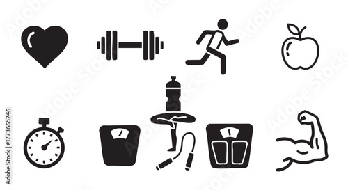 Healthy lifestyle and fitness concept with heart dumbbell timer scale icons