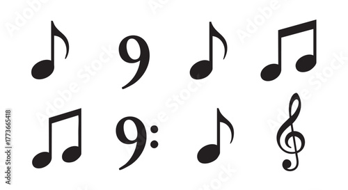 Isolated musical notes and rest symbols on a white background set