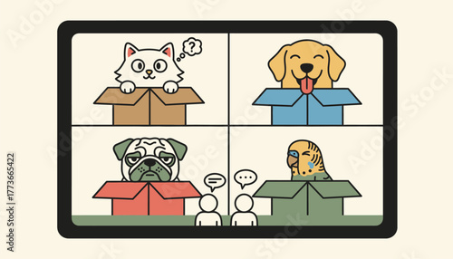 A playful video call setup depicting multiple pets in boxes on the screen each showcasing different expressions while their owners chatter.
