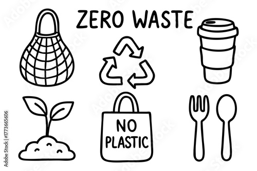 Zero waste doodle icon set - eco-friendly and sustainable living concepts. Vector Stock
