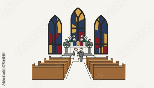 A classic church ceremony featuring stained glass windows polished wooden pews and traditional floral arrangements exuding timeless elegance.
