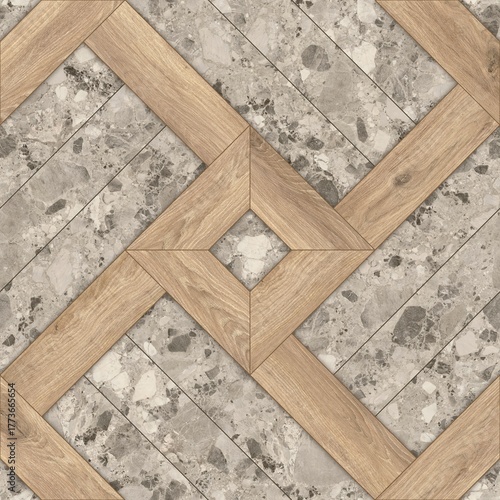 Seamless geometric tile pattern combining natural wood and stone textures in warm earthy tones. Ideal for flooring design, wall backgrounds, and architectural visualization