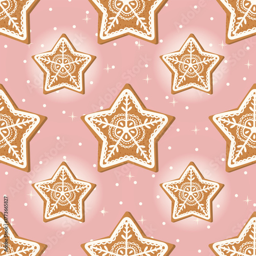 Seamless vector pattern with gingerbread cookies shaped like stars on a soft pink background, suitable for Christmas wrapping paper, fabric, and festive decoration
