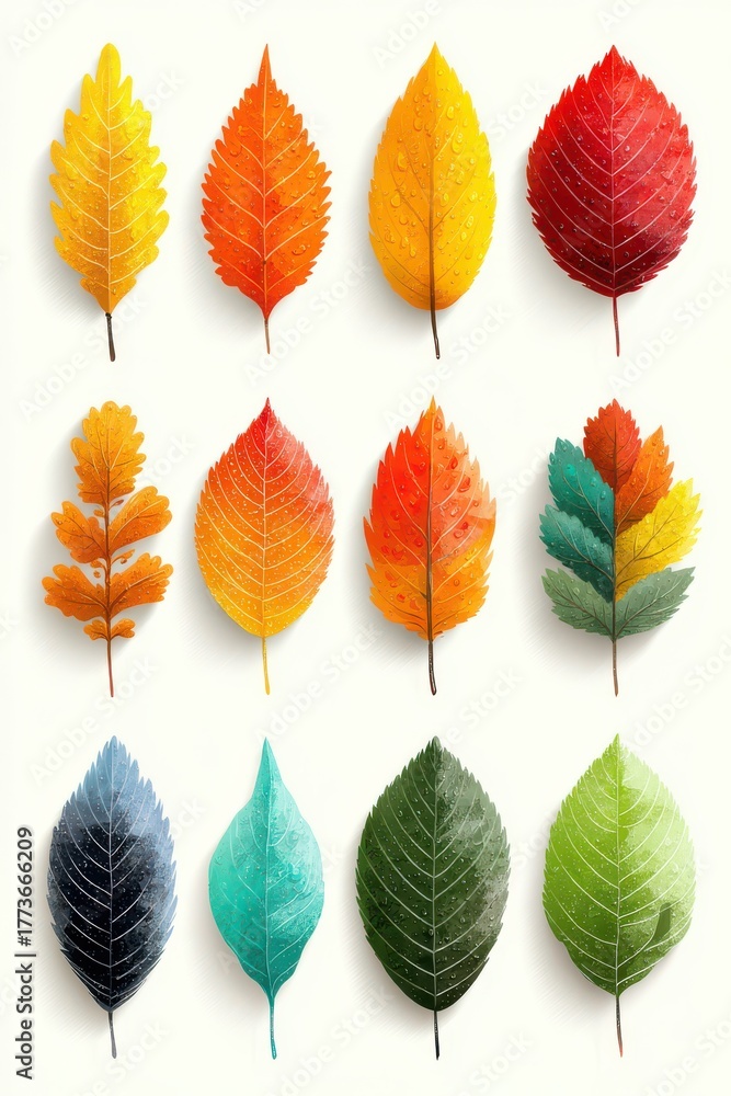Obraz premium Set of colorful autumn leaves with water droplets on a white background