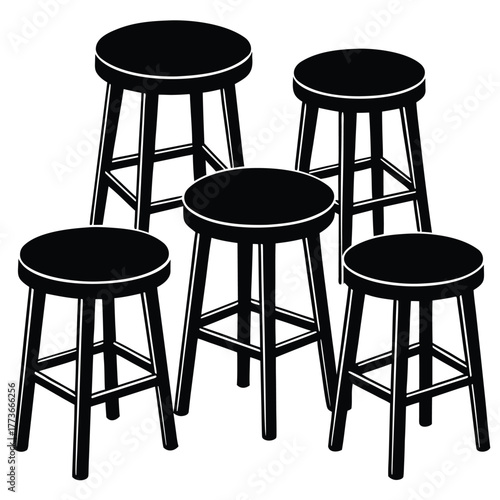 A minimal flat vector illustration of a set of four simple, backless stools, perfect for a modern, uncluttered kitchen or dining area.