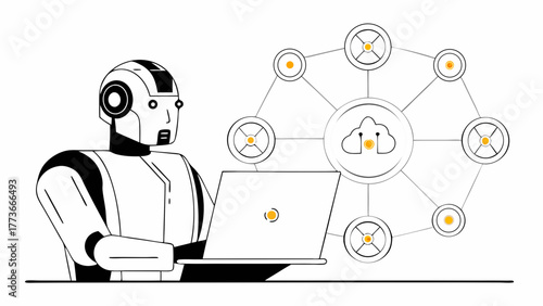 Robot interacting with a cloud computing network on a laptop representing artificial intelligence and data connectivity
