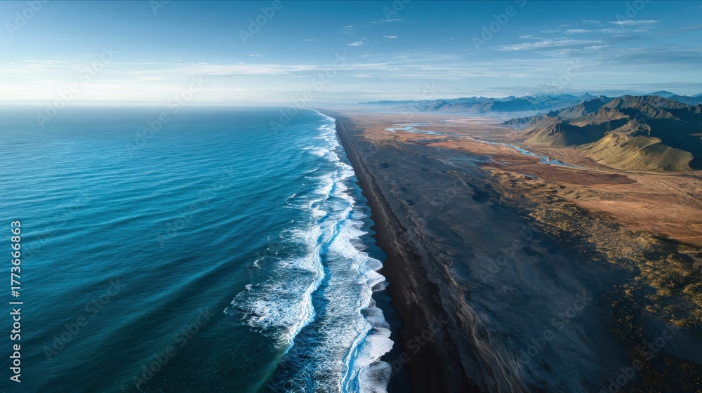 Fototapeta premium Aerial view of ocean waves meeting shore with land and mountains