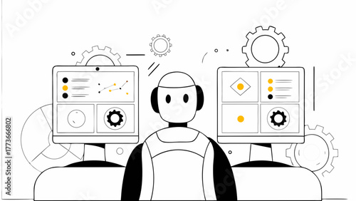 Robot assistant overseeing data analysis and machine operations with digital dashboards and gears