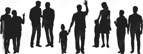 People silhouettes, adults and children vector illustration, family and social interaction artwork, diverse group design, modern lifestyle, community concept graphic