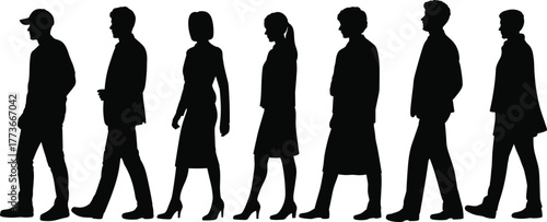 People silhouettes, diverse group vector illustration, men and women standing and walking, casual and formal attire, modern society lifestyle graphic design