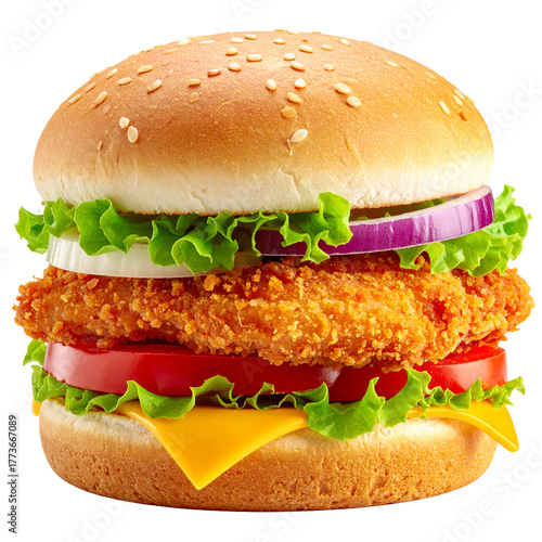 Delicious Gourmet Burger: A mouthwatering image of a gourmet burger featuring a juicy chicken patty, fresh vegetables and creamy cheese, all nestled between soft, sesame-seed buns.